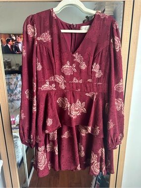 Altar'd State Burgundy Floral Long-Sleeve Peplum Dress